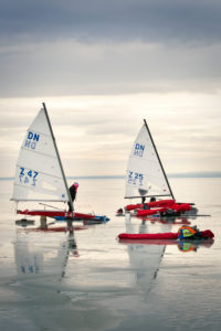ice sailing European championship on Lake Balaton in Hungary, the participants prepare the ice sailors for the regatta in the morning ice sailing European championship on Lake Balaton in Hungary, the participants prepare the ice sailors for the regatta in the morning